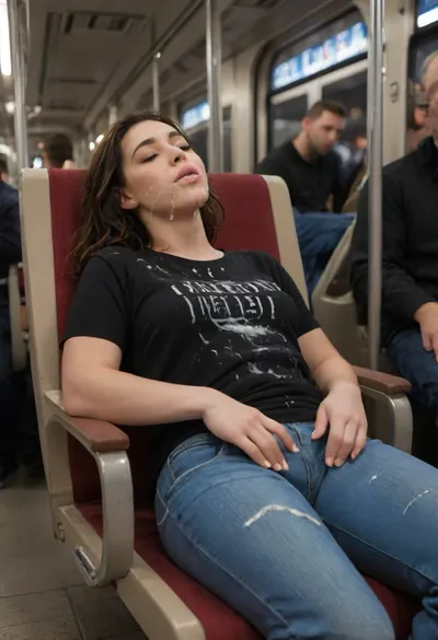 22 yo, sleeping fully clothed in crowded subway, asleep, train, station, neon lighting, sitting back in chair, jeans a tshirt, (leaning back:1.2), (mouth slightly open:1.3), facial cumshot, excessive cum on shirt, extreme close-up, <lora:polyhedron_train-000005:.6>, bukkake, cum, <lora:MS_Real_XL_Bukkake:.8>