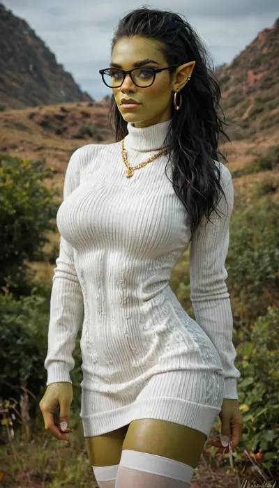 (((Orc girl green skin))), ((athletic)), thick black glasses white thigh highs, Sexy Posing, Shirt too tight and semi-transparent., (white neck sweater dress), golden necklace (((Orc girl green skin))), ((athletic)), thick black glasses white thigh highs, Sexy Posing, Shirt too tight and semi-transparent., (white neck sweater dress), golden necklace