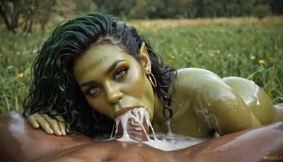 orc green skin lying on the meadow, gigantic long horse cock, Orc girl green skin in front of the orc's belly with his penis in her mouth, blowjob, deepthroat, excessive cum, massage, oiled