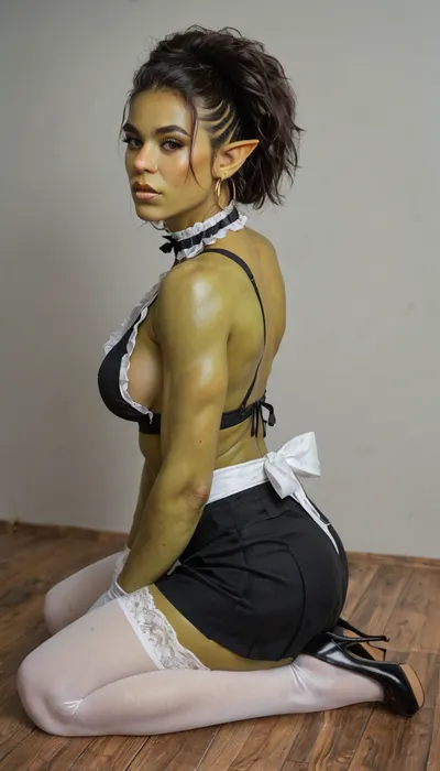 (((Orc girl green skin))), ((athletic)), kneeling, hands against floor squeezed between her thighs, view from partly behind, she turns her head to camera, show her ass from the rear, sitting on her feet, show both feet, show side boob, viewpoint is above her head, she has back arched, chin is lifted upwards, show more boobs from side, full view, dynamic sexy pose.
sexy maid outfit, short black skirt, white apron, white blouse, black bustier, white stockings, black garters, black high heels, white gloves, black lace choker (((Orc girl green skin))), ((athletic)), kneeling, hands against floor squeezed between her thighs, view from partly behind, she turns her head to camera, show her ass from the rear, sitting on her feet, show both feet, show side boob, viewpoint is above her head, she has back arched, chin is lifted upwards, show more boobs from side, full view, dynamic sexy pose.
sexy maid outfit, short black skirt, white apron, white blouse, black bustier, white stockings, black garters, black high heels, white gloves, black lace choker