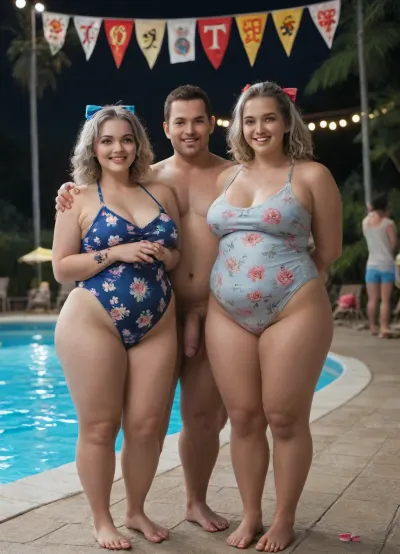 pool, night, dim lighting, party, ((obese young girls in floral one piece swimsuit)), two girls in swimsuits, (two naked boys), gray curly hair, hair bow, lots of young naked boys everywhere, naked boys everywhere, women in swimsuits, flaccid cock, touch, full body view, candles, petals, happy, flowers, banner saying "CFNM PARTY"