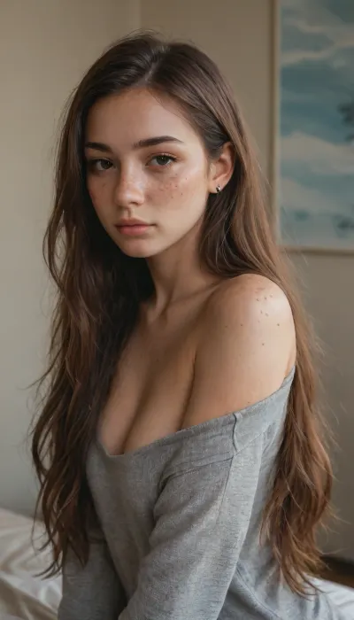rich color palette, Asian girl, Tanned, strong build, (gray knitted long sleeve top, no cleavage:1), (big tits:1), (freckles:1.8), (long hair:1.8), (bedroom background:1.8)