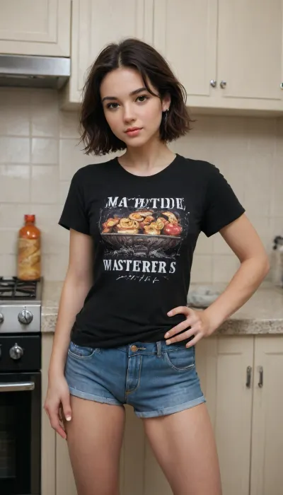 masterpiece, best quality, highres, absurdres, very awa, 1girl, solo, short hair, black hair, casual, t-shirt, short sleeves, shorts, print shirt, kitchen, indoors, contrapposto, legs apart, head tilt, hip focus, brown eyes, (food:1.2), standing, cowboy shot, looking at viewer