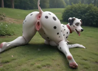 grass park scene, full body, ass up aggressively, huge tits, huge doggy pussy, ((((perfect solo dog)))), perfect Sexy dog Dalmatian female, very big ass, ((seductive sexy dog body)), perfect dog with huge ass cheeks, tight butthole, detailed fur, tail, pink eyes, tongue out, drooling, spread legs, gaping pussy focus, excessive wet pussy, massive boobs, perfect black anus, dogs pussy, (black dalmatian genitals), (((perfect Dalmatian))), (((charming look of the dog))), On all fours, (((rear view))), (((((((perfect detailing))))))), <lora:outline_xl_kohaku_delta_spv5x:.5>