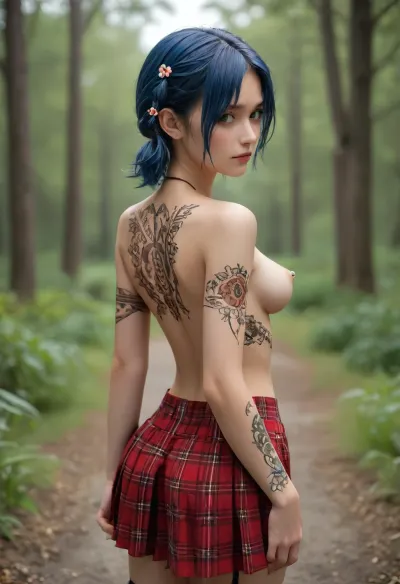 sexy college girl, short pig tails, bright green eyes, beautiful face, topless, (nipple piercings), blue hair, ((tattoos)), perfect breasts, skinny, from behind, ((tribal tattoos)), big tits, red plaid skirt, garter belt, anime, cartoon