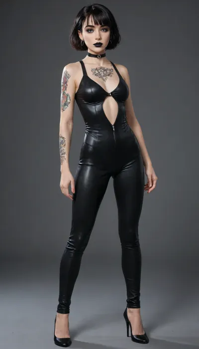 Goth, (full body visible, Front View, standing), (pale skin:1.75), (body type fit:1.7), narrow face, thin neck, (bobcut hairstyle), black hair, (round ass:.9), (big tits:1.2), ((heels strips), ((leggings, transparent jumpsuit)), (Arms tattoo), pubis tattoo, black choker, (goth make-up:1.3), black lipstick)