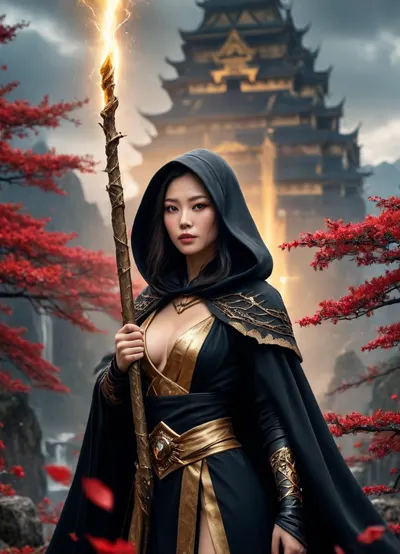 An ancient Japanese witch, (pretty face:1.5), (realistic face:1.5), (hood and cloak), exposed breasts, exposed pussy, fit body, epic fantasy, cinematic shot, dynamic lighting, (holds a black and gold staff topped with a lightening gem by one hand:1.2), towering castles and jagged mountains under a dramatic sky filled with swirling clouds, red petals and sparks float through the air, <lora:Midjourney Image Enhancer XL v1:.8>