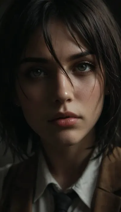 Mikasa Ackerman, closeup face, side angle, <lora:dark:.8>