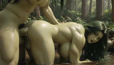 ((Masterpiece)), ((4K HD quality)), ((high resolution frame)), (score_9, score_8_up), (anime art style), (Futa She-Hulk:1.4), massive muscular body, green skin, muscular breasts, (long raven black flowing hair), ahegao expression, beautiful face, unshaven hairy pussy hair, big bush, futa, gigantic green monster cock, exposivly cumming, gapping asshole, cum overflowing from asshole, other futa Hulk out of frame, bent over, (doggystyle anal sex), (anal penetration), balls deep, back arched, in a water-fall, jungle in background, sunlight shining down, bright lighting, detailed background, side view, ohwx, she-hulk, jennifer, walters, <lora:SHEHULK_SDXL-000005:1.4>, <lora:She_Hulk-000006:1.4>, <lora:209970_training_data:1.4>