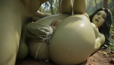 ((Masterpiece)), ((4K HD quality)), ((high resolution frame)), (score_9, score_8_up), (anime art style), (Futa She-Hulk:1.4), massive muscular body, green skin, muscular breasts, (long raven black flowing hair), ahegao expression, beautiful face, unshaven hairy pussy hair, big bush, futa, gigantic green monster cock, exposivly cumming, gapping asshole, cum overflowing from asshole, other futa Hulk out of frame, bent over, (missionary anal sex), (anal penetration), balls deep, in a water-fall, jungle in background, sunlight shining down, bright lighting, detailed background, side view, ohwx, she-hulk, jennifer, walters, <lora:SHEHULK_SDXL-000005:1.4>, <lora:She_Hulk-000006:1.4>, <lora:209970_training_data:1.4>