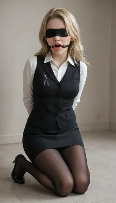 Office clothes, business lady, black pantyhose, 1girl, tied, tied arms, tied legs, solo, blonde hair, kneeling, cum on face, full body, office, ring gag, open mouth gag, ring, gag, luna, lovegood, blindfold, <lora:gagged-4e:.8>, <lora:luna lovegood:.8>, <lora:Blindfolded:.8>