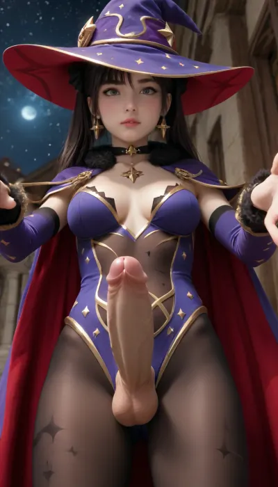 naked, long hair brunette adult transgender, shemale, futanari, dickgirl, (taker pov:1.3), foreskin, reaching to viewer, futanari on male, mona, 1girl, twintails, long, hair, witch, hat, pantyhose, gloves, black, choker, jewelry, cape, gold, trim, blue, leotard, earrings, detached, sleeves, star, (symbol), ornament, green, eyes, fur, collar, parkle, print, <lora:monax_xl:.8>