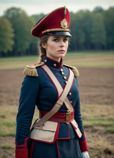 (hyperréaliste), femme en costume de soldat napoléonnien sur un champ de bataille