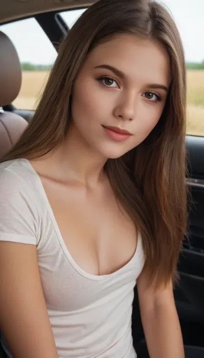 (natural beauty:1.33), beautiful 18 year old woman, gorgeous youthful features, beautiful, cute, sweet, endearing, charming, realistic detailed eyes, realistic detailed face, realistic detailed skin, stunning brown eyes, fresh face, shy, flirty smile, vivid colors, gentle seduction, pale, tiny breasts, perfect small breasts, narrow waist, slim athletic body, (long brown hair), (straight hair), sitting in car, flashing breasts, shirt pull, 3d view, masterpiece, high detail, ultimate realism, photorealistic