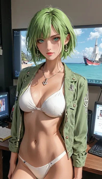 TV screen, news show, sexy sensuous female news anchor behind desk, unbuttned jacket revealing naked breasts, news ticker, 45 yo., co-anchor, shirtspread, Source_anime, (A detailed pencil drawing with clean lines and meticulous shading, flat colors, line art, no gradients, blue and green palette), realistic anatomy, drawing have delicate shading and intricate details, lineart, <lora:shirtspreadv10_SDXL:.5>, MASTERPIECE, <lora:cartoon_stickers_xl_v1:.6>, <lora:NEOTOKIOXL_0.2_RC:.8>