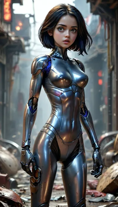 Alita, Battle Angel, (English, Alita, Battle Angel), is an American cyberpunk action film directed by Robert Rodriguez based on the GUNNM manga by Yukito Kishiro, which was released in February 2019. Plot, The year is 2563, three hundred years after the "Desolation" war. During the catastrophic war with Mars, Earth is devastated, with the exception of the massive flying city of Zalem and the impoverished settlement beneath it, Iron City, also known as the "Underworld." In the Underworld, Dr. Dyson Ido discovers the remains of a cyborg girl in a garbage dump from Zalem. Dr. Ido gives her the name of her deceased daughter, and the body that was intended for her. Upon regaining consciousness, Alita cannot remember anything, but she discovers that she possesses the combat skills of a cyborg, and she begins searching for her lost memories. Alita is a cyborg, a pretty young girl with big eyes, and at the same time a perfect fighting machine that, despite its inhuman strength, is capable of feeling, empathizing, and, of course, falling in love., <lora:Alita_SDXL_v2:2>