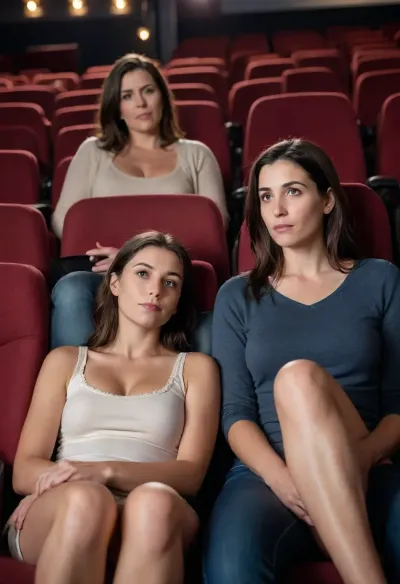 (full Body), Dark-haired 45-year-old woman in a movie theater watching porn with her college-age daughter. Mom has large breast and daughter is sucking them