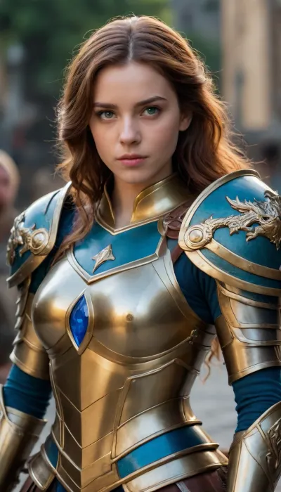 A girl in golden armor, in her right hand a beautiful sword framed by a sapphire handle, her hair is loose, the color of her hair is brown, in the middle of the armor there is a blue-green rhombus, in her left hand she is holding a shield, a shield made of beautiful silver metal, in the middle of the shield there is a dragon symbol. The girl is incredibly beautiful like a knight.