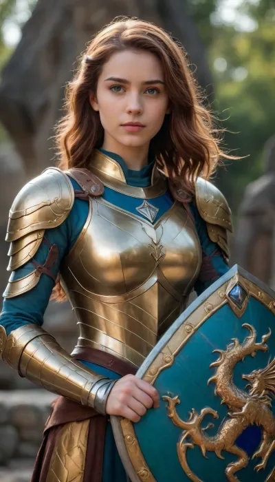 A girl in golden armor, in her right hand a beautiful sword framed by a sapphire handle, her hair is loose, the color of her hair is brown, in the middle of the armor there is a blue-green rhombus, in her left hand she is holding a shield, a shield made of beautiful silver metal, in the middle of the shield there is a dragon symbol. The girl is incredibly beautiful like a knight.