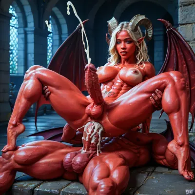 Slim blonde futanari shows off her large breasts, (breasts:1.8), shaved, penis with huge balls, no pussy, red tattoos all over her body, red eyes, looks evil, (((pointy horns))), (((demon wings))), (muscular:1.4), squirts a lot of cum on her body and face, large pointed ears, (Cumshot:1.8), in a dungeon, flames, full body, masterpiece, best quality, 4K HDR, high-resolution realistic photo, <lora:womb_tattoo_v6_SDXL:.6>, Gets fucked in the ass by a muscular devil with red skin and an oversized giant cock, (penis1.9), (anal:1.8), ., (((curved horns)))