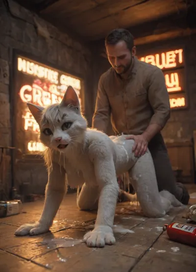 woman, ((female cat getting fucked by a human man)), gray fur, ((the room is dimly lit with a neon sign that reads "Goon Cave")), There are bottles of lubricant on the floor all around along with used tissues, ((covered in cum)), ((cum covered)), (bukkake), 8k, uhd, insanely detailed, masterpiece, cumhair, cumfacial55, cumshot, cumfacial, facial, gameroomconcept, mssstyle, fursuit, doggystyle, from, behind, human, on, anthro, feral, <lora:FursuitXL:.7>, <lora:SDXL_Human_Male_Furry_Female:1>