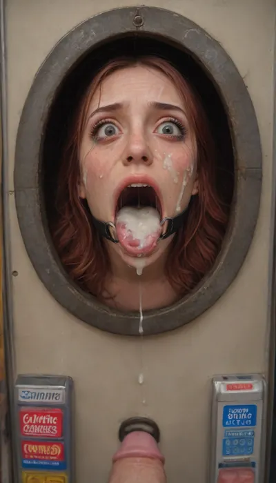 (40 years adult), (caucasian androgynes 28 yo femboy, male chest, flat chested, no breasts, small flaccide penis, red hair, medium hair, straight hair), (woman is stuck with her hips in a round hole with metal rim in a vending machine), (her bust is protruding from a round hole in the front of the vending machine:1.5), (stuck in hole with metal rim:1.3), (vending machine at night, slot for payment), (wide mouth spreader ring gag, gaping mouth:1.5), (leaning forward), (embarrassed, ashamed), (pleading expression:1.2), (terrified:1.6), (crying:1.2), (fear and panic:1.2), (box is low mounted, close to floor), (score_9, score_8_up, score_7_up, UHD 8K, masterpiece, best quality, maximum details, natural light, extreme realism, cinematic still), (huge penis:1.4), (she stares at erect penis in front of her face:1.3), (POV from above, she is looking up to viewer, submissive), (POV man standing and looking down, man stroking his big dick:1.1), (arms restrained to wall), (her arms left and right flat against the wall, multiple iron rings fixing her stretched arms against the wall:1.5), (POV standing man, looking down on her:1.2), (mouth wide open), (tan lines), (iron rings restrain her arms to vending machine), (her arms are spread eagle against vending machine:1.8), (arms restrained with iron rings:1.8), (free-standing vending machine), (her face is covered in cum:1.6), (enormous cum in er mouth:1.12), (bukkake, facial:1.48), (crying:1.3), (freckles, skin impurities), (transparent liquid:1.2), (realistic cum), (wet face:1.2), (oily skin:1.5), (stuck in a round hole with metal rim:1.6), (eyes wide open in horror:1.8), (her mouth serves only one purpose), (she's got a new job, she's a public cum dumpster)