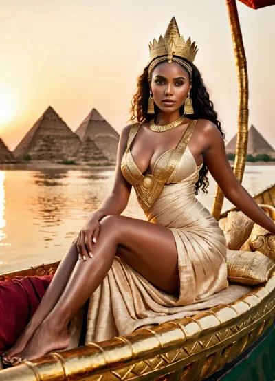 A fictional Nile queen reclining on a gilded lotus barge, diaphanous linen dress slipped to show hip and boobs and beautiful legs, heavy kohl, wide gold collar, servants pouring wine, papyrus reeds and pyramids at sunset, lush cinematic luxury.
