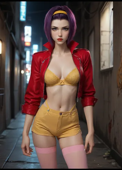 masterpiece, best quality, high resolution, hires, score_9, score_8_up, score_7_up, score_6_up, (Faye Valentine:1.4), yellow silk bra, yellow short shorts, red jacket, pink stockings, short purple hair, athletic body, big breasts, in a cyberpunk city, in a alleyway, ratatatat74, incase style, anime fantasy, fv4lent, yellow_outfit_pink_thighighs, red, jacket, <lora:287175_training_data:1.4>, <lora:ratatatat74-000050:1.4>, <lora:faye-anime:1.4>