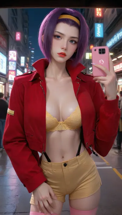 masterpiece, best quality, high resolution, hires, score_9, score_8_up, score_7_up, score_6_up, (Faye Valentine:1.4), detailed face, yellow silk bra, yellow short shorts, red jacket, pink stockings, short purple hair, athletic body, big breasts, in a cyberpunk city, in a alleyway, close up, selfie, ratatatat74, incase style, anime fantasy, fv4lent, yellow_outfit_pink_thighighs, red, jacket, Neonlight, <lora:287175_training_data:1.4>, <lora:ratatatat74-000050:1.4>, <lora:faye-anime:1.4>, <lora:cbcity2:1.4>