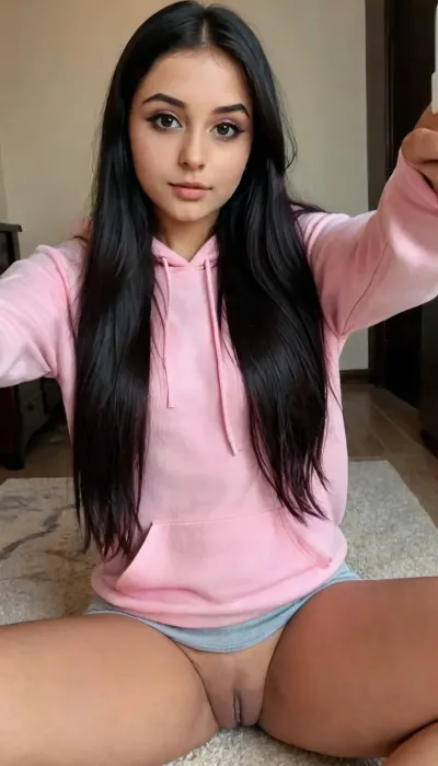 High angle shot selfie, 18 year old college student, indian British, oversized soft pink hoodie, Smokey eyes, long straight hair, beautiful, gorgeous, stunning, very shy, sexy abs, ((black hair)), sitting on the ground with her legs spread apart taking a selfie for instagram, no panties, shaved pussy, no pants, show shaved pussy, photo, <lora:mobile:.8>, <lora:1122530_training_data:1.9>