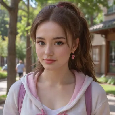 full body view, (full body view:1.8), 3/4 front view, 1 white woman 18 years old, long chestnut hair, hair tied to ponytail, wearing blue jeans, a pink hoodie, pink sneakers, backpack, small breasts, slender body, smile, very beautiful, cute face, (cute face:1.5), detailed face, (detailed face:1.8), long silver earrings, brown eyes, walking through a park area, sunny da, summer day, sunlight shining on her face, photo, of, a, sks, 4ng3l, sunlight, <lora:SDXL_BetterFaces-LoRA_v1:2>, <lora:289505_training_data:2>, <lora:591413_training_data:1.1>, <lora:LoRA-sunlight-sdxl:1.8>, <lora:926023_training_data:1.4>