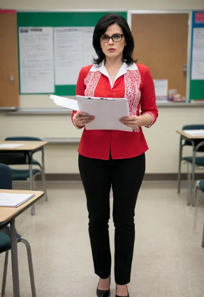 Mrs. Upron, English teacher, holding clipboard with papers, (red and white layered blouses), tight black pants, dark glasses, (medium/short straight black hair), full figure, (curvy), (hourglass figure), college setting, empty classroom, (gesturing to emphasize clipboard), serious, slightly annoyed expression