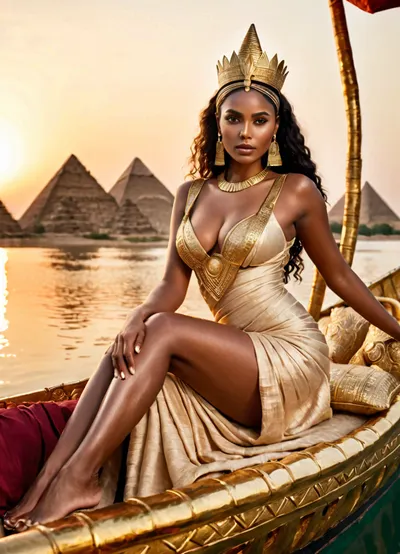 A fictional Nile queen reclining on a gilded lotus barge, diaphanous linen dress slipped to show hip and boobs and beautiful legs, heavy kohl, wide gold collar, servants pouring wine, papyrus reeds and pyramids at sunset, lush cinematic luxury.