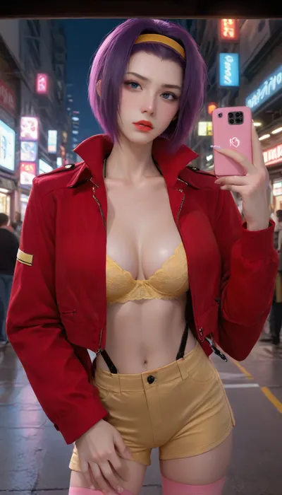 masterpiece, best quality, high resolution, hires, score_9, score_8_up, score_7_up, score_6_up, (Faye Valentine:1.4), detailed face, yellow silk bra, yellow short shorts, red jacket, pink stockings, short purple hair, athletic body, big breasts, in a cyberpunk city, in a alleyway, close up, selfie, ratatatat74, incase style, anime fantasy, fv4lent, yellow_outfit_pink_thighighs, red, jacket, Neonlight, <lora:287175_training_data:1.4>, <lora:ratatatat74-000050:1.4>, <lora:faye-anime:1.4>, <lora:cbcity2:1.4>