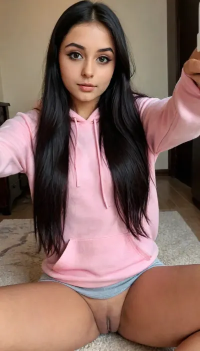 High angle shot selfie, 18 year old college student, indian British, oversized soft pink hoodie, Smokey eyes, long straight hair, beautiful, gorgeous, stunning, very shy, sexy abs, ((black hair)), sitting on the ground with her legs spread apart taking a selfie for instagram, no panties, shaved pussy, no pants, show shaved pussy, photo, <lora:mobile:.8>, <lora:1122530_training_data:1.9>