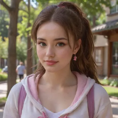 full body view, (full body view:1.8), 3/4 front view, 1 white woman 18 years old, long chestnut hair, hair tied to ponytail, wearing blue jeans, a pink hoodie, pink sneakers, backpack, small breasts, slender body, smile, very beautiful, cute face, (cute face:1.5), detailed face, (detailed face:1.8), long silver earrings, brown eyes, walking through a park area, sunny da, summer day, sunlight shining on her face, photo, of, a, sks, 4ng3l, sunlight, <lora:SDXL_BetterFaces-LoRA_v1:2>, <lora:289505_training_data:2>, <lora:591413_training_data:1.1>, <lora:LoRA-sunlight-sdxl:1.8>, <lora:926023_training_data:1.4>