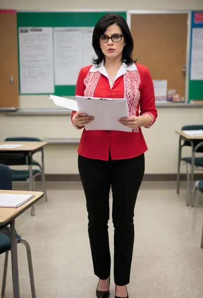 Mrs. Upron, English teacher, holding clipboard with papers, (red and white layered blouses), tight black pants, dark glasses, (medium/short straight black hair), full figure, (curvy), (hourglass figure), college setting, empty classroom, (gesturing to emphasize clipboard), serious, slightly annoyed expression