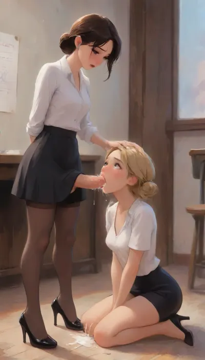 Skinny girl staying on her knees in front of her futanari teacher mistress, white shirt, black skirt lifted up, stockings, panties, high heels, futanari teacher put dick in her mouth and cum in her mouth deep throat, teacher futanari holding her head, forced her head on his dick, cruel brutal oral sex, throat bulge, excessive, cum, vomcum, (j_cartoon:1.5), Drawing, <lora:derv-r4punzel-SDXL-(0.4)Civit:.2>, <lora:samdoesarts1.1-000030:.4>, <lora:J_cartoon:.3>, <lora:Animated_Concept:.4>