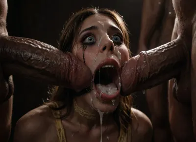 Disney beauty, French, full body view, close up, long brown hair, hair up with hair accessory, white stockings, yellow lingerie, yellow garter belt, blue eyes, huge cock, seductive, deep throat, blowjob, anal, stretch anus, painful anal, gang bang, unrealistic oral creampie, cum on tits, cum on face, naughty, excited, enthusiastic, wide eyes and surprised, ruined makeup, porn photoshoot, blushing, brown background hyperrealistic, 8K, BadX, Stable-Yogis-Makeup-Enhancer-XL, spectacular lighting, (((hyper large cock in mouth:1.3))), oral cream pie, (eyes wide open in horror:1.24), (wide mouth spreader ring gag:1.5), (pleading expression:1.18), (terrified:1.12), (crying:1.2), (fear and panic:1.18), UHD 8K, (full body photograph:1.1), (score_9, score_8_up, score_7_up, UHD 8K, masterpiece, best quality, maximum details, natural light, extreme realism, cinematic still), Very realistic, 8k, ultra detailed, hyper extreme size difference, UHD, super high quality, super high resolution, extremely detailed, perfect face, perfect eyes, ((hogtied, bound for sex, tied up)), (black eyes), (pale skin:1.3), cock in mouth, (brutal face fuck), Blowjob, (tears in eyes:1.5), (running makeup), ultra hd, photorealistic, hyper gigantic large black cock in mouth, hair grab, sad, sad crying, tongue out, brutal face fuck, tears in eyes, one hand around her neck, choking her hard, strangling her, gasping for air, hard nipples, (five Black skin hyper large muscular men), (5 very large and hyper thick black cocks), (monster black cock:1.6), anal spitroast, gagging on cock, random pose, random view angle, (((hyper gigantic large black cock in mouth:1.3))), (pulled nipples:1.2), nipple clamps, spitroast, deepthroat, deep anal penetration, Uber realistic, arched back, detailxl, 35mm photograph, film, professional, 4k, 1girl, 5 boys, hdr, photographic, ultra realistic, ultra high details, back light, anal sex, with large muscular black men, gargantuan black cocks, anal sex expansion, ravenous hyper sex, large hyper muscular black men, <lora:dark:2>, <lora:bdsm_SDXL_1_:2>, <lora:677862_training_data:1.9>, <lora:LCMTurboMix_Euler_A_fix:2>