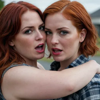 Short, wet red hair, huge breasts, curvy figure, plaid shirt, sleeves rolled up on forearms, very freckled, angry face, large mouth with full lips, brown eyes, Evil look, A redheaded curvy woman is passionately and obscenely hugged and kissed by another lesbian woman black-hair