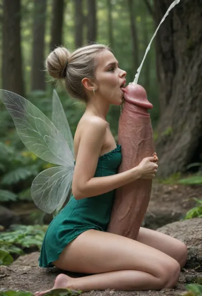 A small pixie fairy, green tattered low-cut dress, grinding and riding on a Giants veiny monster cock feverishly, bigger than body, gripping it tightly, side view, in a fairy tale enchanted Forest, Platinum blonde hair up in a bun, blonde, small breasts, fairy wings, hugging and straddling a massive giant body sized hyper-cock, licking and humping giant massive giant hyper cock, screaming, wrapping legs around, massive bukkake soaking drenching dripping squirting cum facial, titjob, sucking on the tip, aerial cumshot squirting