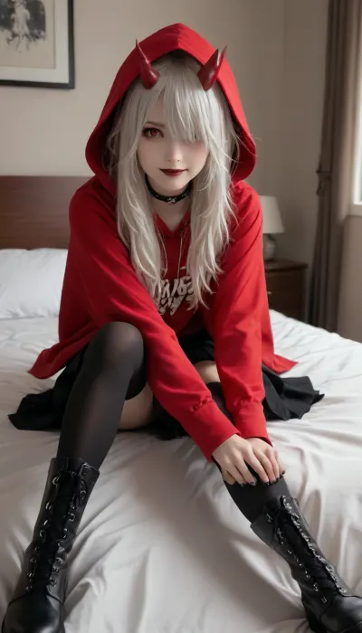 Le solo cramoisi : une énigme de jour dans le sweat rouge

- Oui.

Au cœur d'une chambre peu éclairée pendant la journée, une figure solitaire s'assit sur son lit. Sa peau colorée brillait sous la lumière muette, contrastant avec son sweat rouge et sa jupe à plissement noir. Deux ROUGE ONI HORSS sont sortis de sa tête, leurs bouts de curling menaçants. Ses cheveux, longs et blancs, tombaient sur un œil, encadrant un mauvais sourire. Avec des yeux annelés, des lèvres noires et des ongles noirs, elle était vue. Sa tenue était remplie de bottes noires haut de cuisse, d'un choker en cuir noir avec des pointes de métal, et de franges qui distillaient sur son épaule. La capuche de sa capuche rouge était baissée, révélant des cordons de serrage violets.