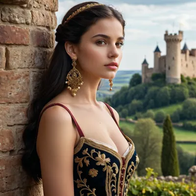 distant view, full body view, spanish girl, fair skin, slender body, 18-year-old, 1.73 meters tall, measurements 93-70-88, little natural lips, very beautiful, classy girl, best quality, masterpiece, high resolution, long and smooth black hair, intense brown eyes, medium -sized breasts, golden earrings, dressed in elegant, sober and discreet medieval clothes, historical details, period atmosphere, castle bottom or medieval landscape, rich and deep colors, depth blur, visual key, vibrant, soft and warm lighting, luxury details in the background, ultra-detailed, sophisticated ambiance.