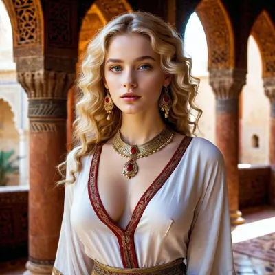 full body view, blonde with fair skin, slender body, 18-year-old, 1.73 meters tall, measurements 93-70-88, full lips painted red, very beautiful, classy girl, best quality, masterpiece, high resolution, medium curly hair, intense blue eyes, large breasts, golden earrings, medieval tunic with sleeves to the feet, historical details, period atmosphere, walking in an Arab palace harem, rich and deep colors, depth blur, visual key, vibrant, soft and warm lighting, luxury details in the background, ultra-detailed, sophisticated ambiance, walking in a white Roman tunic, ancient Rome, silver choker tightly around the neck.