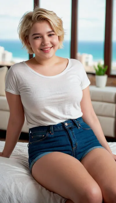 8k uhd, highest quality, realistic, posing, view from top, blonde short hair, chubby, barely legal girl, ((18 years old:1.4)), ((young:1.7)), full body view, sweet smile, sexy, cute, small, timid, erotic, naughty, innocent, depth blur, vibrant, highly detailed
