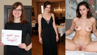 (side-by-side three pictures of a 35yo German woman with medium length brown hair), ., (On the first picture on the left she stands in an office, wears a business dress, glasses, and holds a handmade sign with text "I want you. Tonight"), (On the second picture in the middle she stands in an expensive restaurant, wears an elegant black evening dress and beautiful makeup, updo, jewelry, she is smiling seductively), (On the third picture on the right she seems very drunken and horny, ruined makeup, smeared mascara, (messy hair), nude, she is naked, (hairy detailed pussy), (wet pussy), laying on back in bed, legs spread, orgasm face, full body view)