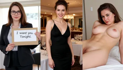 (side-by-side three pictures of a 35yo German woman with medium length brown hair), ., (On the first picture on the left she stands in an office, wears a business dress, glasses, and holds a handmade sign with text "I want you. Tonight"), (On the second picture in the middle she stands in an expensive restaurant, wears an elegant black evening dress and beautiful makeup, updo, jewelry, she is smiling seductively), (On the third picture on the right she seems very drunken and horny, ruined makeup, smeared mascara, (messy hair), nude, she is naked, (hairy detailed pussy), (wet pussy), laying on back in bed, legs spread, orgasm face, full body view)