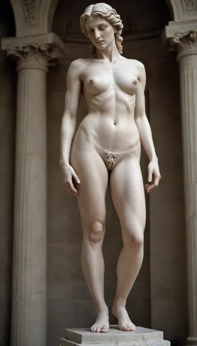 marble statue of a Greek-style goddess, slim waist, saggy breasts, slender, with long legs, full height, naked, with very crooked legs, ugly legs, ugly saggy breasts, with a muscular belly, bulging navel, muscular legs