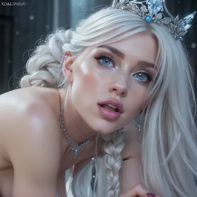 professional real photo, 30mm lens, iso 100, Most beautiful ice and snow queen, (fully naked), white hair with long braids, pale blue eyes, very pale skin, freckles, perfect round boobs, fit body, shaved pussy, long legs, ornate silver and sapphire jewelry, crown, 20 years old, plump lips, long eyelashes, natural make-up, white braided hair, polar bear fur covering an ice throne, ice Castle scenery photorealism, highest quality, uhd, ultra realistic, photorealistic, kodachrome, (hyper realistic), (realistic), best lighting, perfect illumination, (best illumination), (best shadow, best shadows), highres, ultra-detailed, 8K, UHD, masterpiece, best quality, (ultra realistic), sharp image, (highly detailed face, (ultradetaled face)), (realistic mouth, realistic teeth, detailed hair, detail irises), detailed face, beautiful eyes, highly detailed face, crystal clear image, detailed eyes, licking dick, on all fours, fucked doggystyle, looking at viewer, alluring smile, hands holding penis, massive ejaculation, lot of cum, cum on face, cum on ass, cum on hair, cum on back, facial cumshots, erected penis, 1 man standing in front, 1 man fucking her behind, (((side view))), whole body shot