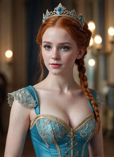 score_9, score_8_up, score_7_up, safe_mode, detailed, highly detailed, high detailed texture, photograph, realistic, 1girl, solo, mysterious, 20 years old, elf ears, ginger hair, crown braid, blue eyes, small breasts, (freckles), slight smile, waist up, masquerade mask, detialed mask, intricate mask, corset, detailed dress, shrug, ballroom
